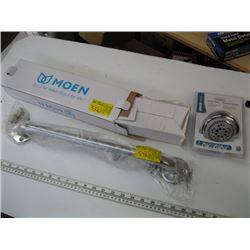STAINLESS HANDLE, NEW SHOWER HEAD, MOEN 18  TOWEL BAR