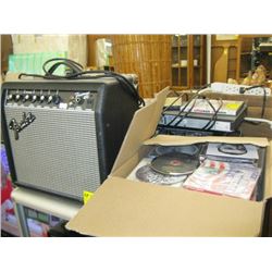 FENDER FRONTMAN 15G AMP & BOX OF ASST. CD'S.