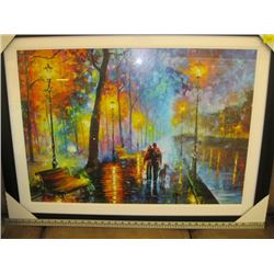 FRAMED COLORFUL PRINT OF THE STREETLIGHT BENCHES & TREES