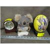 Image 1 : CLOCK, A KOALA BEAR & A PAINTED OSTRICH EGG ON STAND