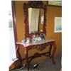 Image 1 : CARVED BASED HALL TABLE WITH MARBLE LIKE TOP & FRAMED CARVED MIRROR
