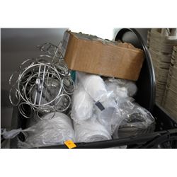 TOTE OF ASSORTED DISPOSABLE CUPS, SERVING TRAYS