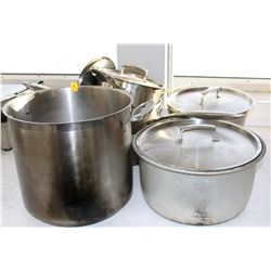 ASSORTED LOT OF STAINLESS STEEL POTS, MOST HAVE