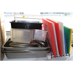 LOT OF CUTTING BOARDS WITH STAND, BUN PANS, TONGS
