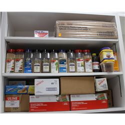 3 SHELVES CONTAINING ASSORTED FOOD PREP MATERIALS