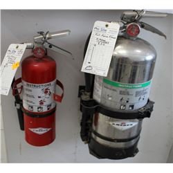 PAIR OF CHARGED FIRE EXTINGUISHERS WITH WALL
