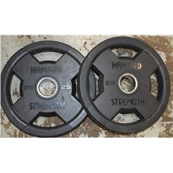 LOT OF 2 HAMMER STRENGTH 25LB FREE WEIGHTS