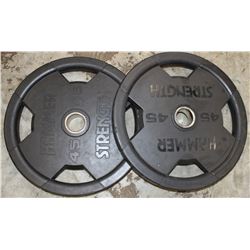 LOT OF 2 HAMMER STRENGTH 45LB FREE WEIGHTS