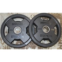 LOT OF 2 HAMMER STRENGTH 25LB FREE WEIGHTS