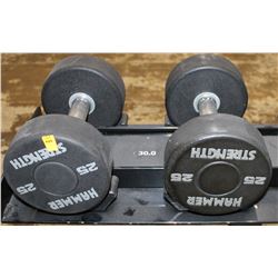 LOT OF 2 HAMMER STRENGTH 25LB DUMBELLS
