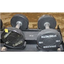 LOT OF 2 HAMMER STRENGTH 15LB DUMBELLS