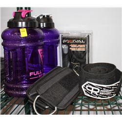 WORKOUT LOT: INCLUDES WATER JUGS, WRAPS, NEW