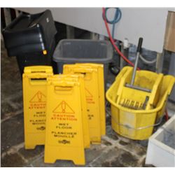 JANITORIAL LOT: INCLUDES MOP BUCKET, WET FLOOR SIG