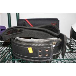 LOT OF 3 WEIGHT LIFTING BELTS AND PAIR OF KNEE