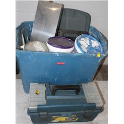 TOOLBOX AND TOTE OF ASSORTED TOOLS & HARDWARES