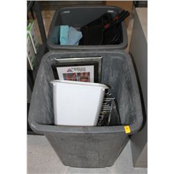 LOT OF 2 WASTE BINS WITH LIDS AND VARIOUS JANITORI