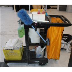 JANITORIAL CART WITH VARIOUS SUPPLIES AND TOOLS