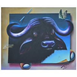 Ferjo, "Water Buffalo" Original Painting on Canvas, Hand Signed with Letter of Authenticity.