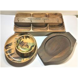 Wooden Bowls, Serving Dishes, hotplate for casserole dish and Measuring Cup Holder