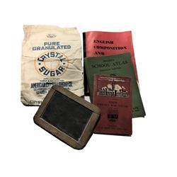 Antique School Slate, Cloth Sugar Bag,  and Books