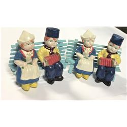 Ceramic Dutch Girl and Boy on small wooden bench - TWO SETS