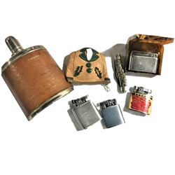 Flask, knife and collection of lighters