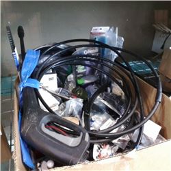 BOX OF NEW AUTOMOTIVE PARTS, PRESSURE WASHER GUN WITH HOSE AND MORE