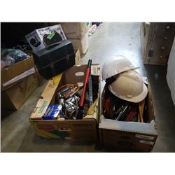 2 BOXES OF TOOLS, HARD HATS, AND LUNCH BOX