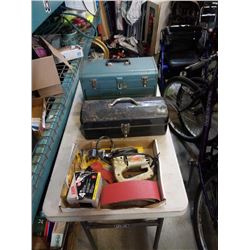 2 TOOLBOXES AND TRAY OF TOOLS, AIR GUN, SANDING BELTS