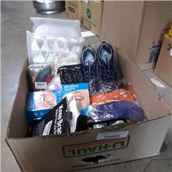 BOX OF NEW SOCKS, SKETHCHERS SHOES, KNEE BRACE AND MORE