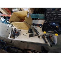 BOX OF POWER TOOLS, RONA DRILL, ROUTER,