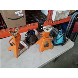 LOT OF SUMP PUMPS, ELECTRIC MOTOR, JACK STANDS