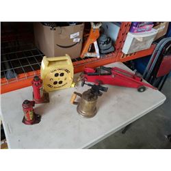 EXTENTION CORD REEL, BRASS TORCH LAMP, HYDRAULIC TROLLEY JACK