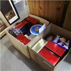 2 BOXES OF VINTAGE TINS AND 12 VINTAGE LONG NECK BEER BOTTLES