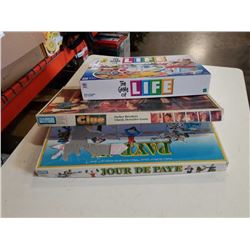 GAME OF LIFE, CLUE AND PAYDAY BOARD GAMES