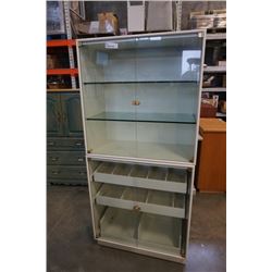 2 PIECE WHITE GLASS DOOR DISPLAY CABINET WITH SLIDE OUT DRAWERS