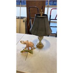 STONE ELEPHANT AND TABLE LAMP