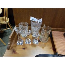 CRYSTAL VASES, CANDLESTICKS AND PITCHER