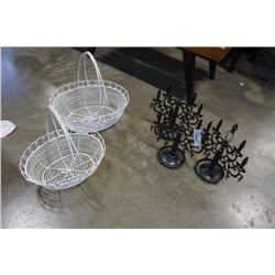 LOT OF BLACK CANDLE STANDS AND WIRE BASKETS