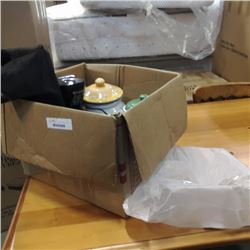 BOX OF COOKIE JARS, SMALL SHELF AND MORE