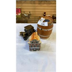 3 COIN BANKS - BARREL, CAR AND HOUSE