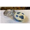 Image 1 : HAND PAINTED LIDDED JAR AND SILVER ETCHED BOWL