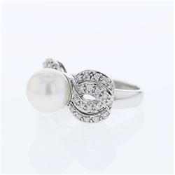 Natural 8.08 CTW Pearl & Diamond Ring 18K White Gold - REF-114X3T