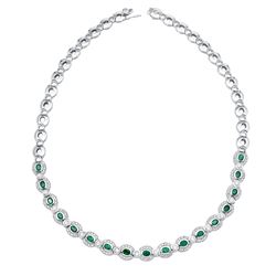 Natural 6.50 CTW Emerald & Diamond Necklace 14K White Gold - REF-638F3M
