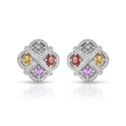 Natural 4.30 CTW Multi-Sapphire & Diamond Earrings 14K White Gold - REF-187K2R