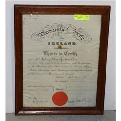ANTIQUE IRISH PHARMACEUTICAL CERTIFICATE IN