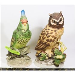 COCKATOO AND OWL CERAMIC SCULPTURES