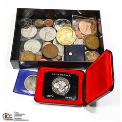 MIXED LOT OF OLD DOLLARS, COINS, TOKENS