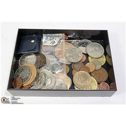 MIXED LOT OF OLD DOLLARS, COINS, TOKENS