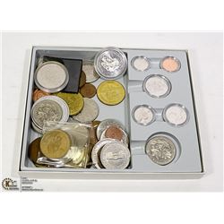 MIXED LOT OF OLD DOLLARS, COINS, TOKENS